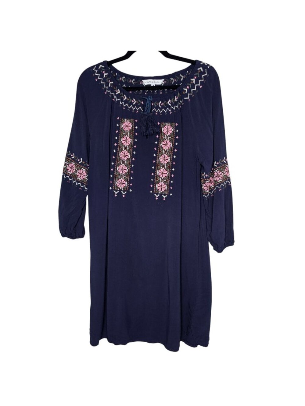 Cupcakes And Cashmere M Mini Dress Navy Blue Floral Embroidered Boho Peasant